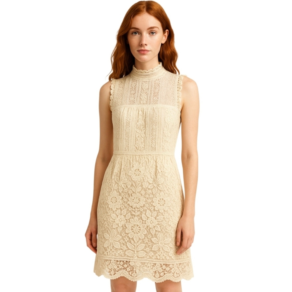 Miss Chievous Cream Sleeveless Mock Neck Sundress Size M Floral Lace Midi-dress